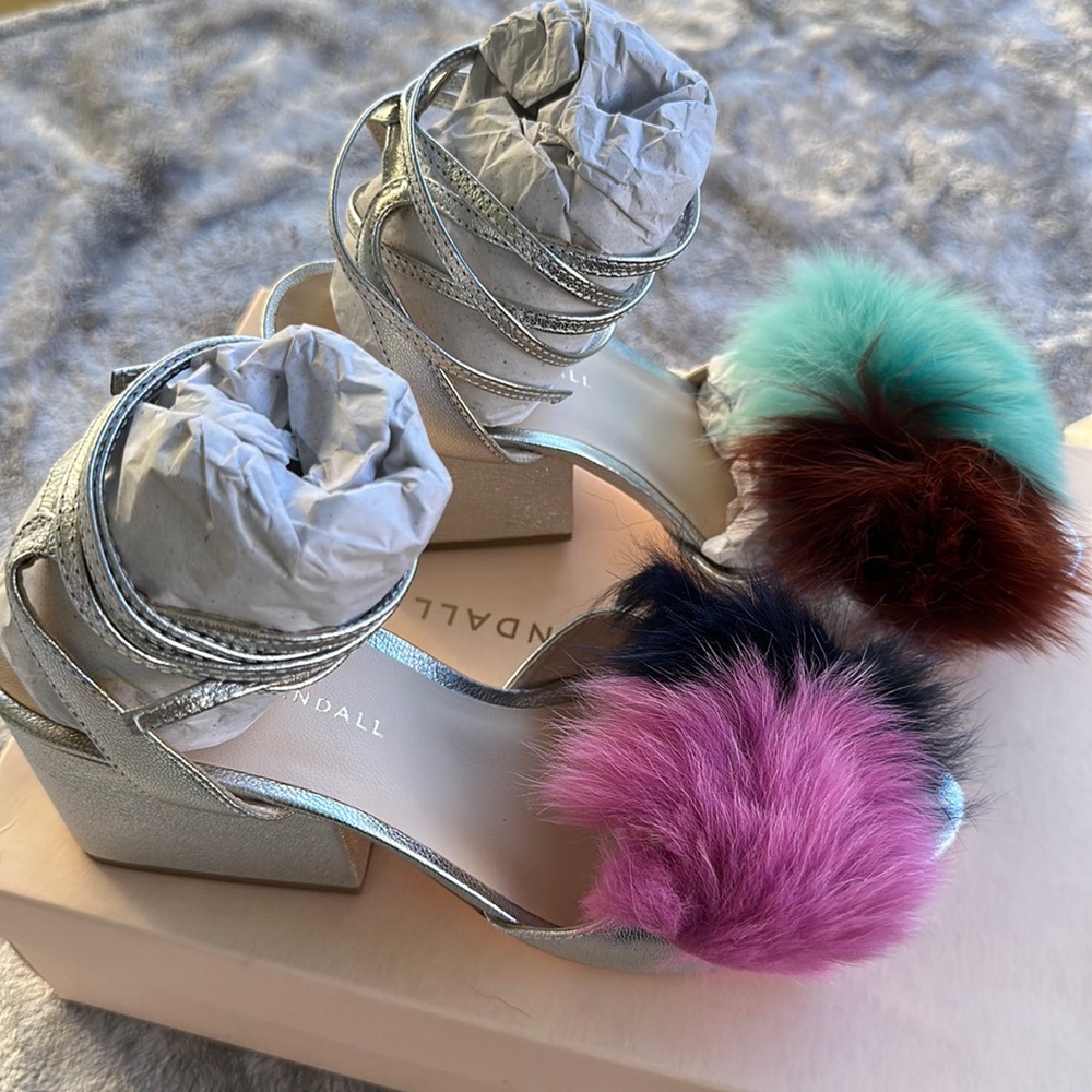 Loeffler Randall Real Fur Ankle Wrap Silver Heels Brand New Size 8